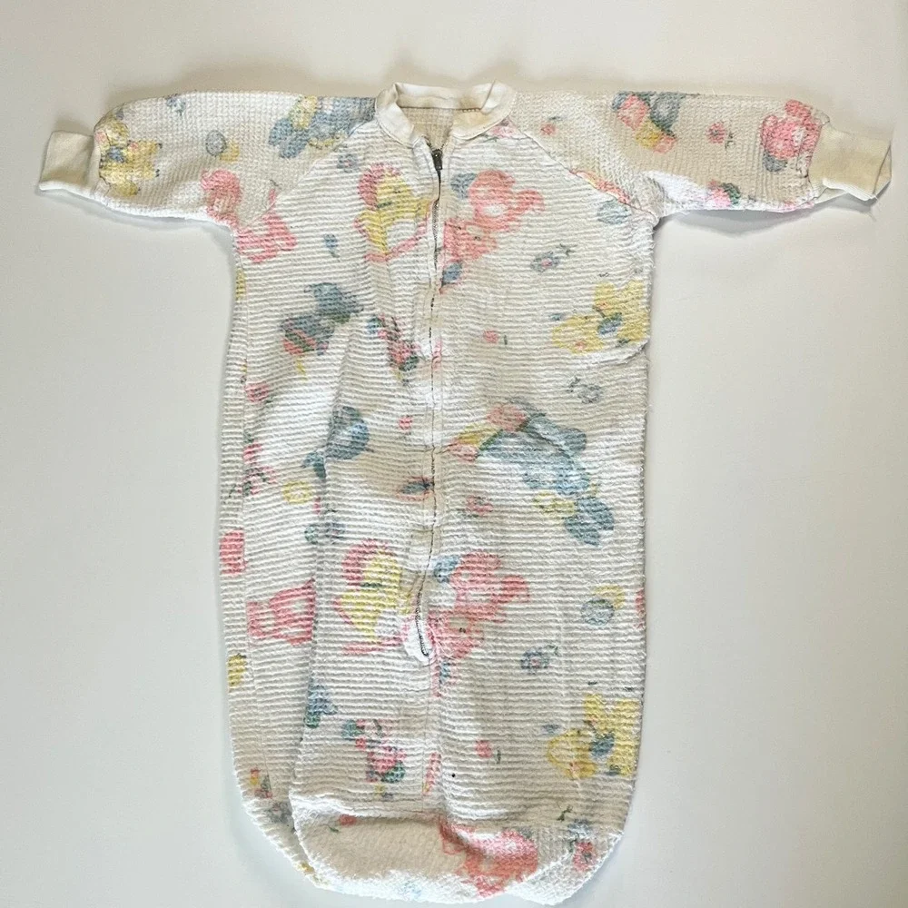 Vintage Baby Bunting Sleep Sack Waffle Knit Pastel Animal Print Zipper White